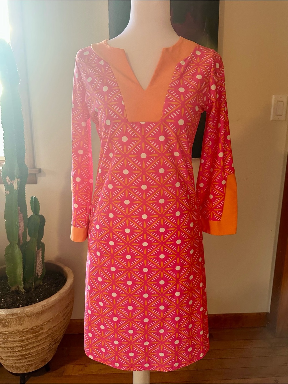 All For Color Pink Geo-Print Long Sleeve Shift Dress with Orange Trim